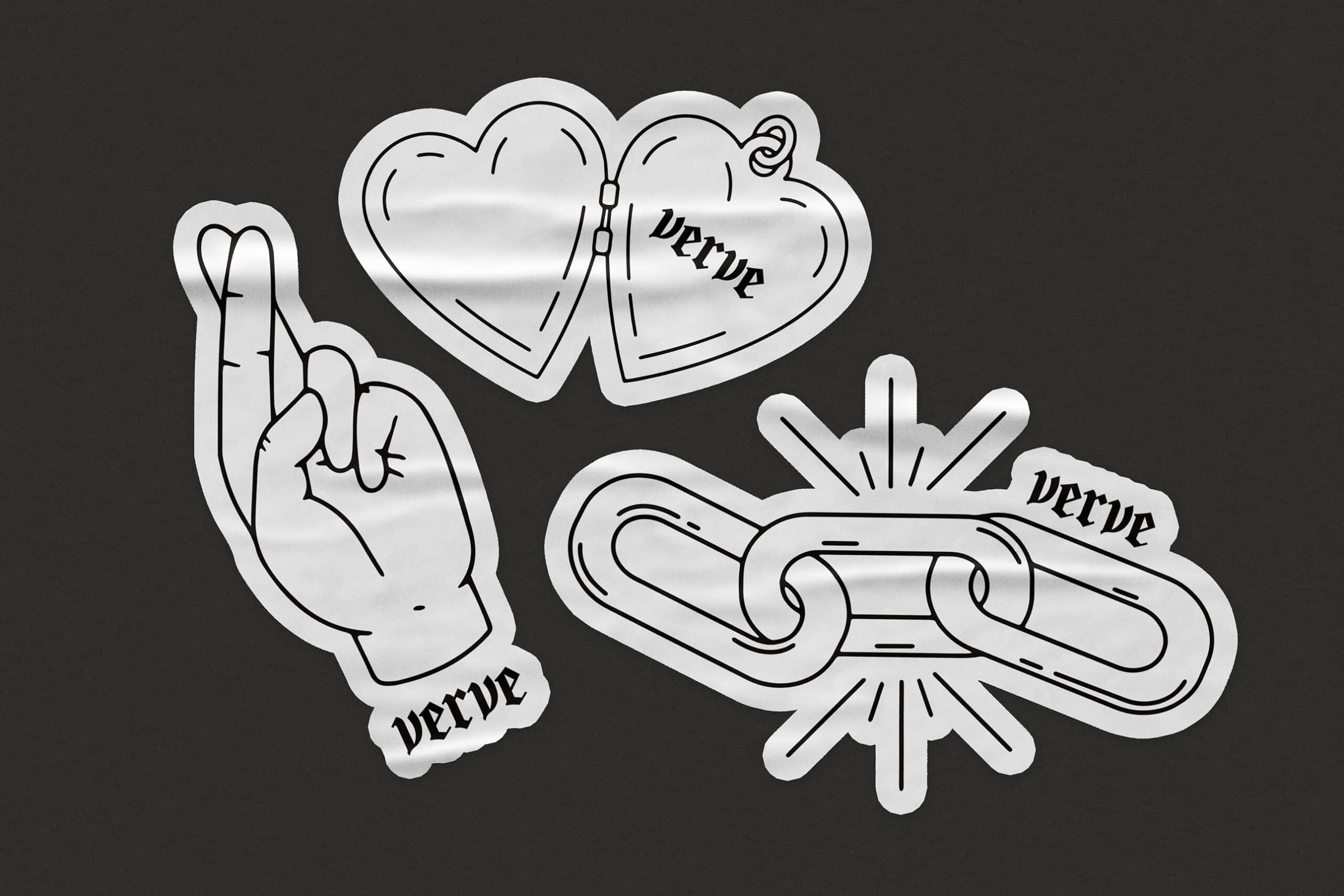 Set of three stickers on a dark background: a crossed fingers hand, a double heart with "verve," and a linked chain with "verve.