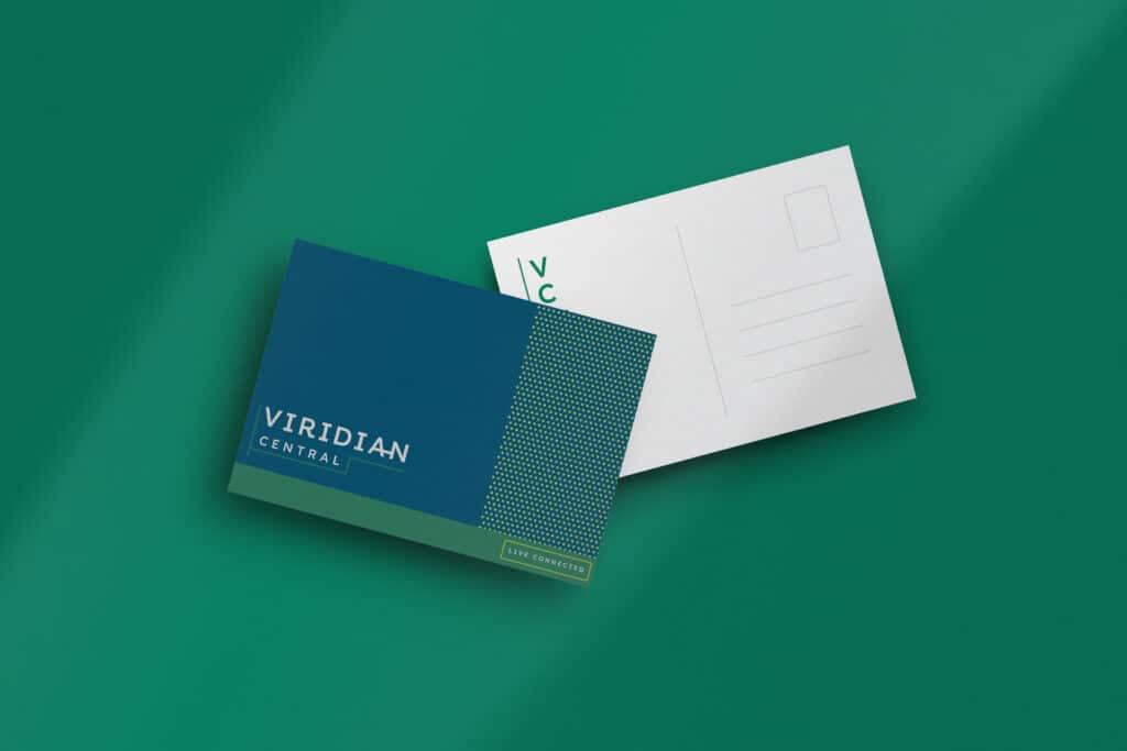 A front and back view of a postcard from "Viridian Central" with a modern design on a green background.