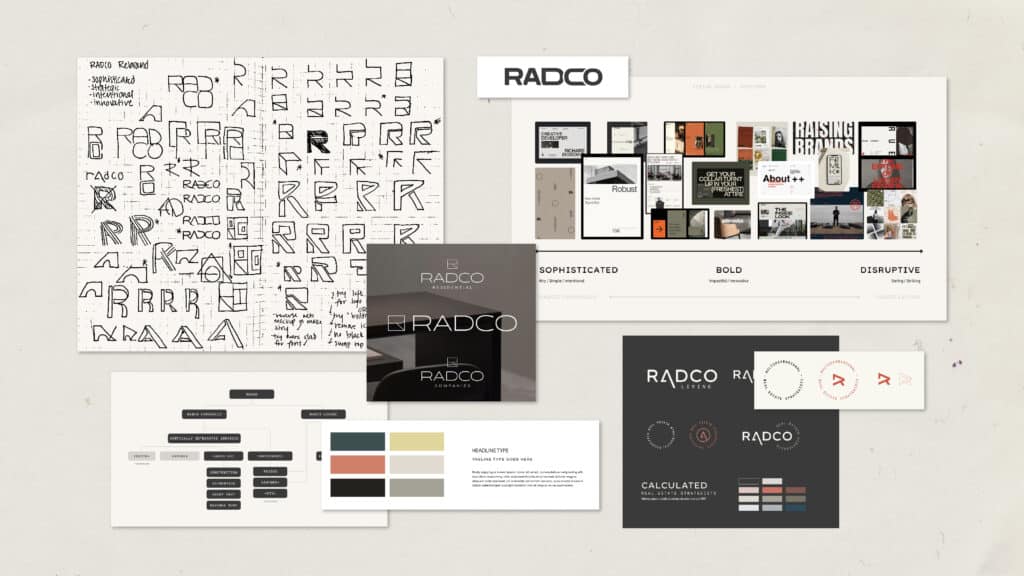 A collection of design elements and concept sketches for RADCO, featuring logos, mood boards, color palettes, and typographic styles.