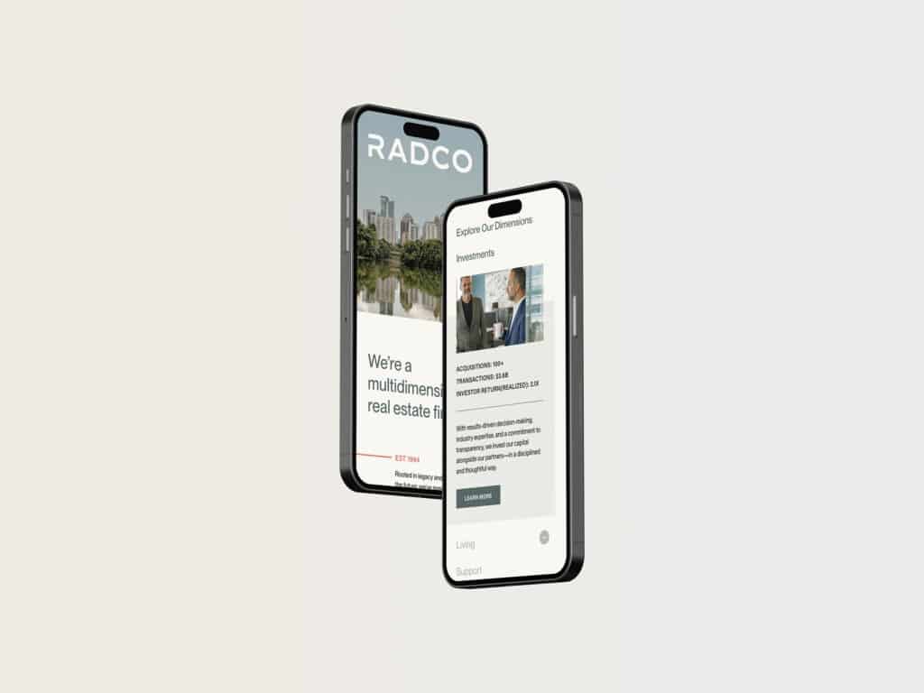 Two smartphones display real estate-related content, with one showing a website for "RADCO" and the other featuring a business professional in a suit.