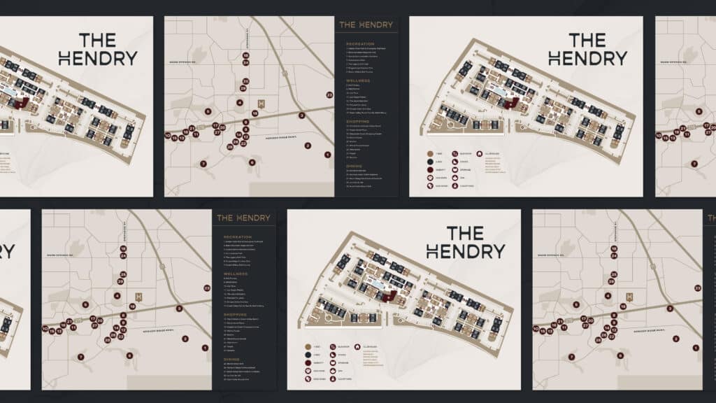 Collage of maps and floor plans labeled "The Hendry," featuring detailed layouts, geographic schematics, and various marked locations.