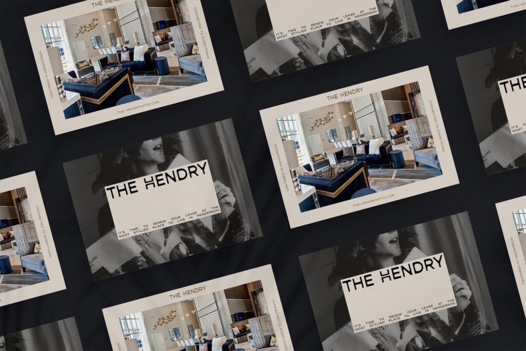 Collage of "The Hendry" brochures featuring a modern living room with blue sofas, wooden furniture, and large windows.