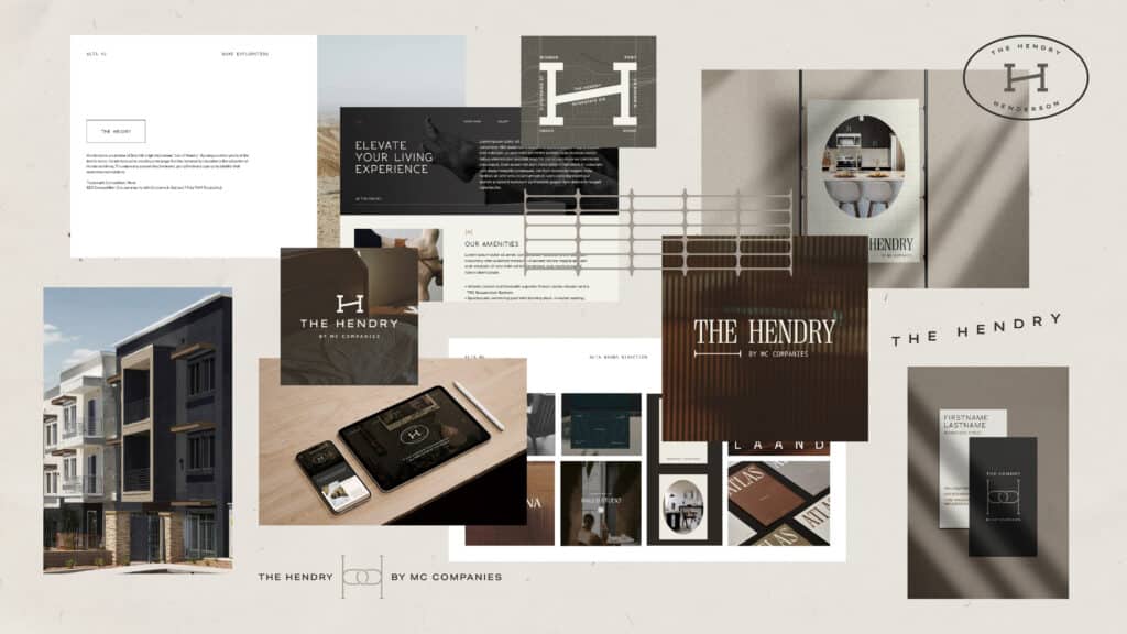 Collage of various branding materials for "The Hendry," including logos, brochures, building images, and a website mockup with a modern design aesthetic.